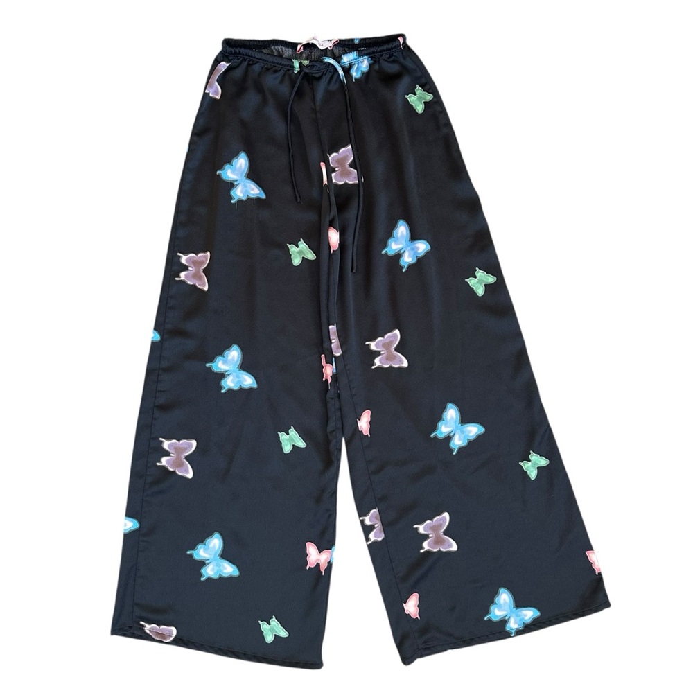 Lisa Says Gah Mariposa Tie Waist High Rise Wide Leg Black Butterfly Print Pants